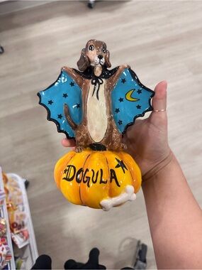 DOGULA blue sky clayworks Dog on Pumpkin Halloween Figurine - Blue & Orange